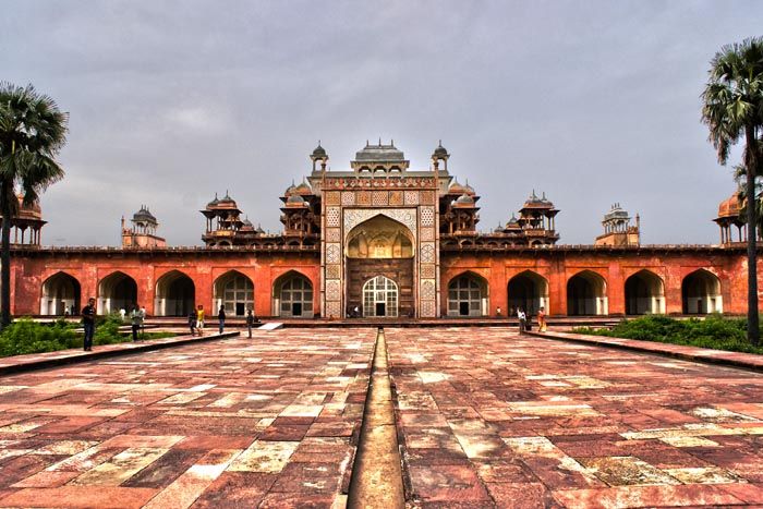 Akbar Tomb at Sikandra Agra with red sandstone gateway and gardens